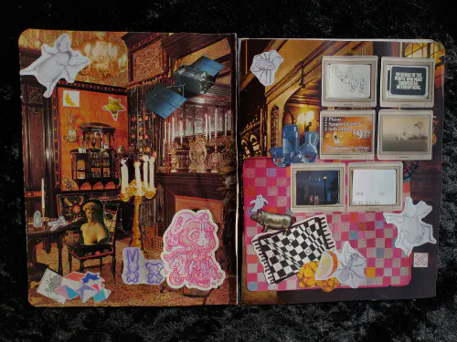 a collage depicting a cluttered bedroom