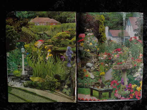 a collage depicting a garden with several statues a pond and a picnic