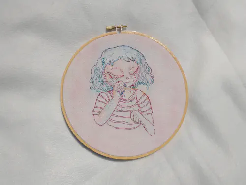 an embroidery depicting a character with blue hair crying stars 